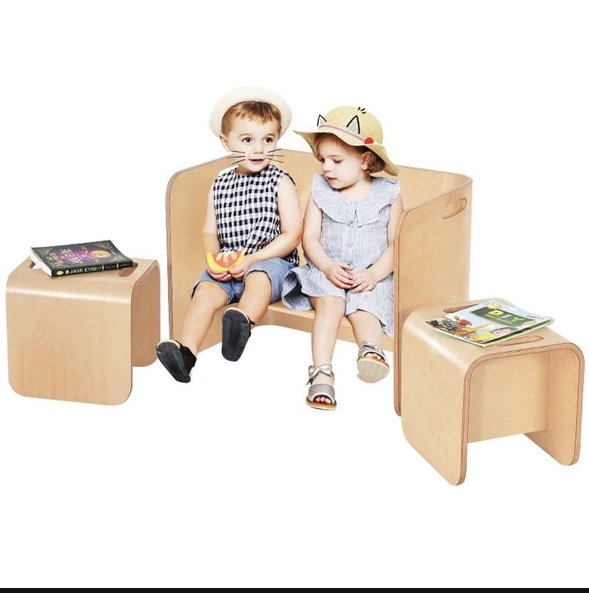 P1-22 ... 3 Piece Kids Wooden Table & Chair Set Children Multipurpose Homeschool Furniture