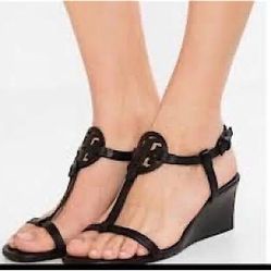 Tory Burch Miller T Strap Logo Wedge Heels Black Leather Slingback