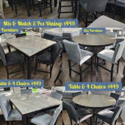 Brand New 5 Pcs Dining Set 
Mix & Match 
Counter Height
Round Table Solid Wood Metal Base
Square Faux Marble Top White 
Light Blue Velvet Chairs 
Blac