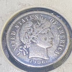 1906 - Silver Coin - America - One Dime - Barber Dime - USA