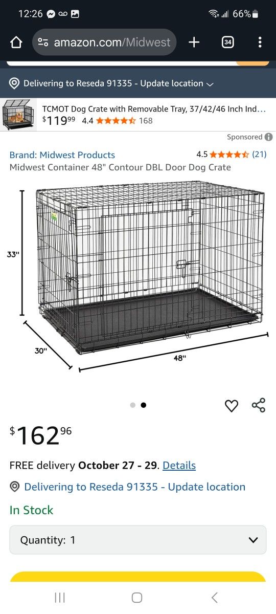 Midwest Container 48" Contour DBL Door Dog Crate $100