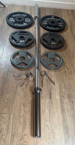 CUZ NEED THE $$ NEW Olympic Equipment: 7 ft Silver Bar & Weight Plates 35s, 25s, and 10s lbs. Total: 180 lbs [ NO, No Better Price]