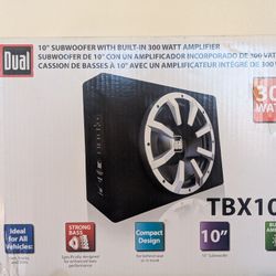Dual Electronics TBX10A 10-inch shallow mount high performance powered enclosed subwoofer 
with built-in amplifier and 300 Watts