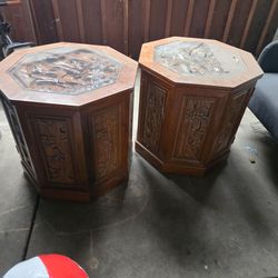 Pair of Carved Wood Octagonal Side Tables with Glass Top