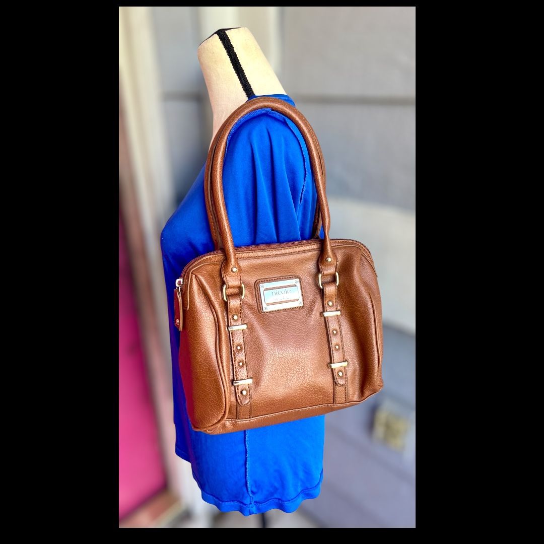 Nicole Miller Women's Brown Leather Shoulder Bag Zip Closure