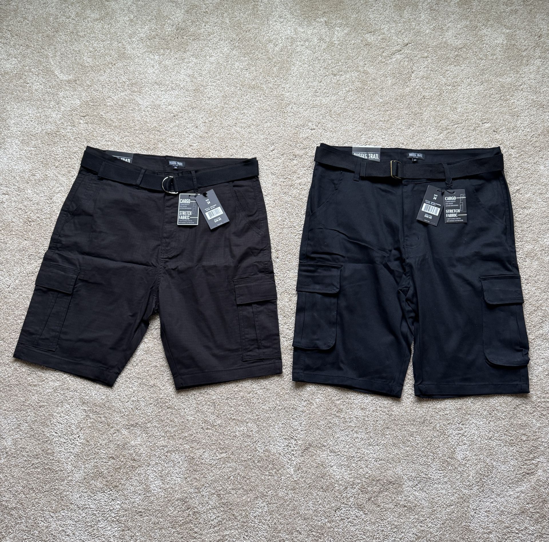 2 Men’s Cargo Shorts, Black, Size 34, Brand New/Never Used