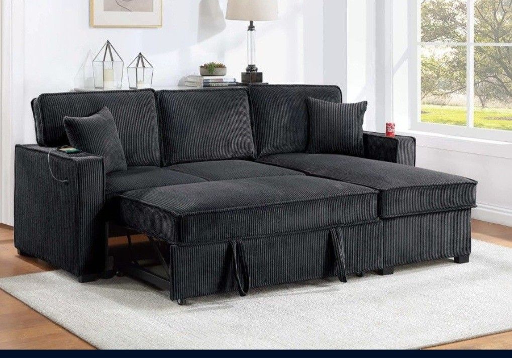 ✅️✅️ Black Convertible Sectional W/ Cup Holder & W/ USB Port✅️✅️