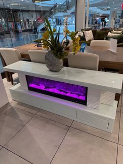 White Gloss TV Stand with Electric Fireplace 🩷💜💙❤️