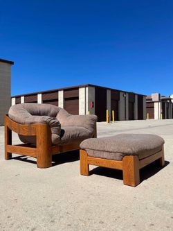 Vintage 1970’s Brutalist Oak Sling lounge chair with ottoman