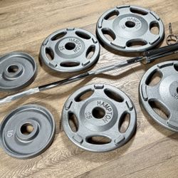 Olympic Beautiful Hampton Set & Brand NEW Curl Bar W/ Cooper Bearings: Pairs Of 35s, 25s, 10s, 5s and 2.5s ( Total: 175 lbs)