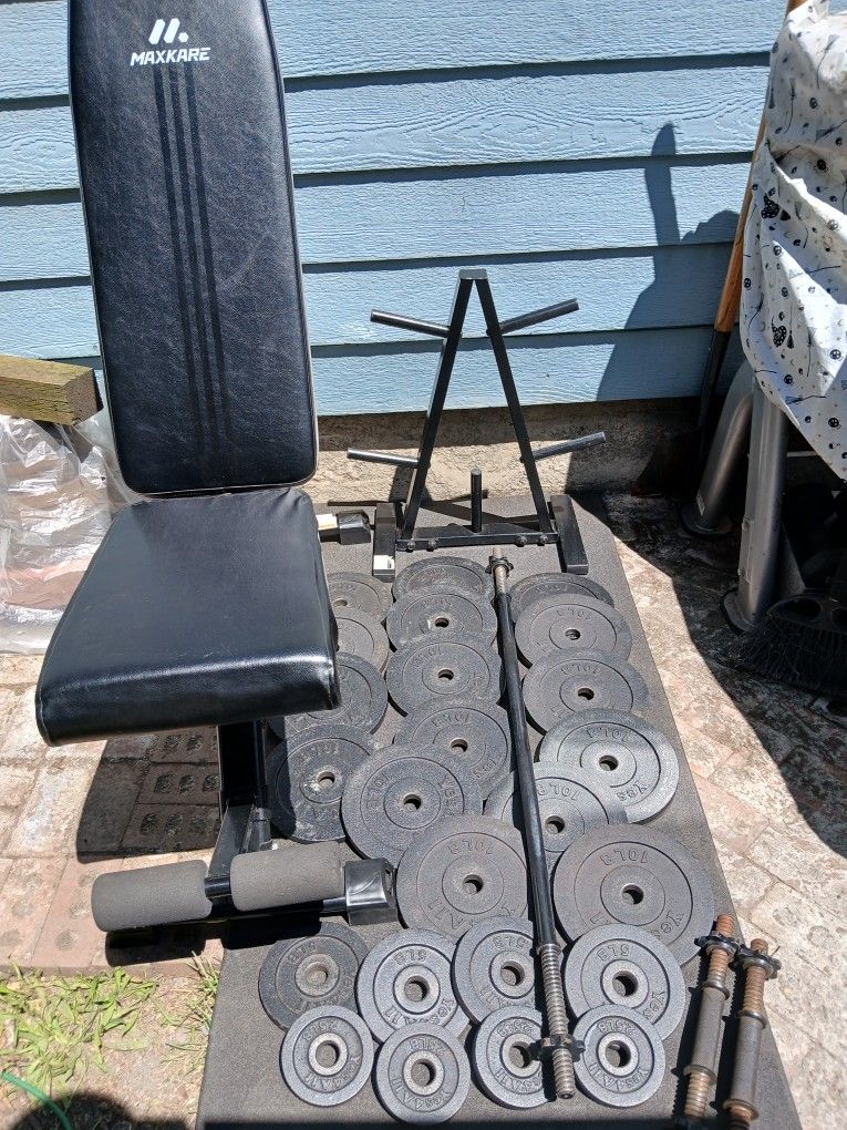 Weights plates with Barbell and adjustable weight bench.