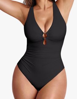 Feelingirl Black One-Piece Swimsuit with Ring Detail