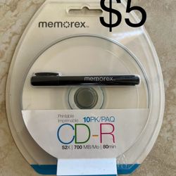 Brand New: Memorex Printable CD-R 52x 700MB 80 Minute 10-Pack White Sealed with Pen