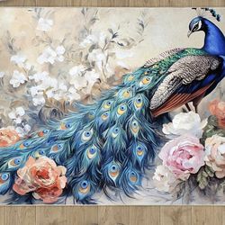 Peacock Rug Peacock Rugs for Bedroom Peony 6x8 Rug Area Rug Non Slip Printed Low-Pile Indoor Floor Carpet for Home Decor