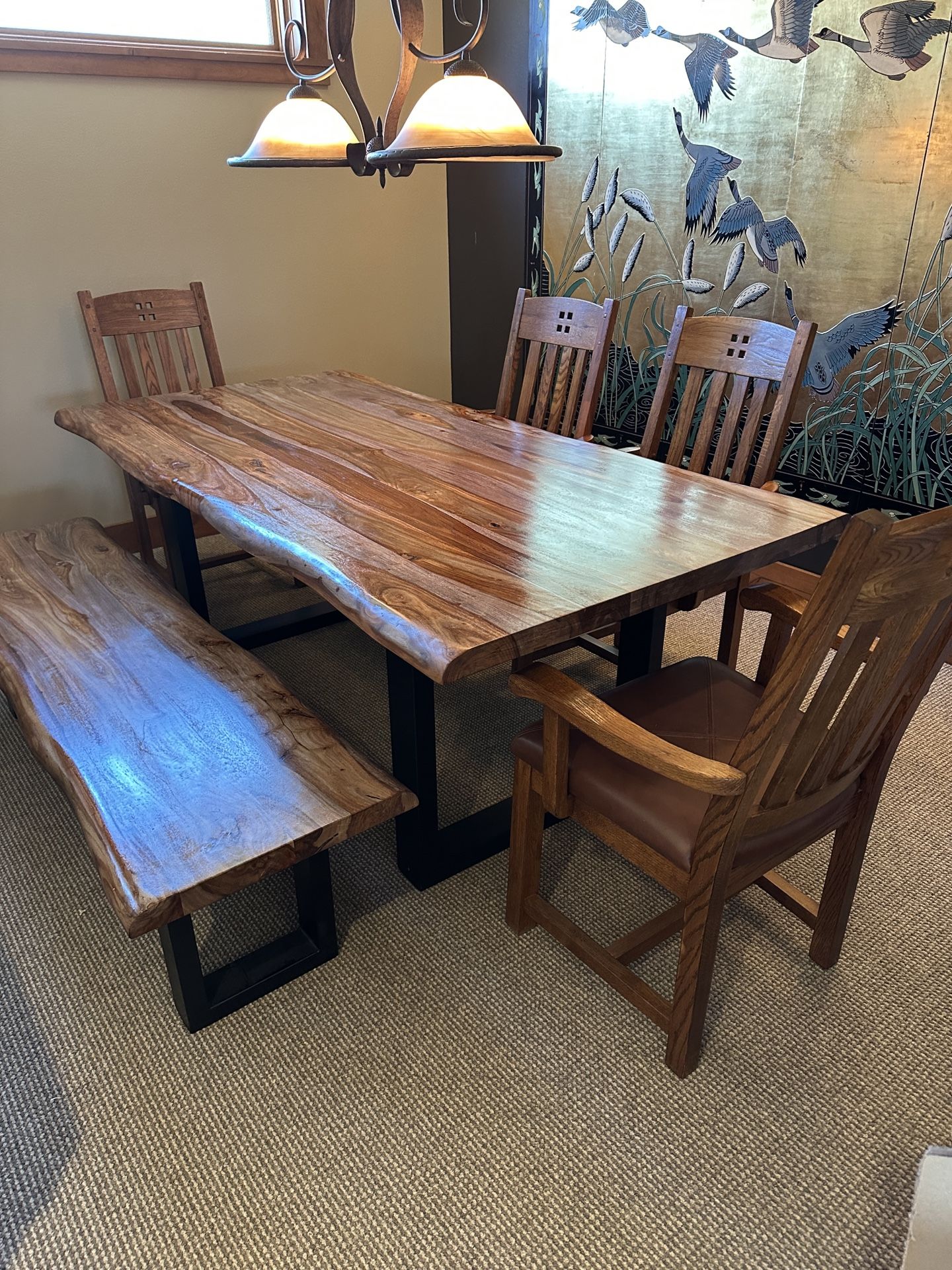 Beautiful Hand Crafted Dining Table with Chairs and bench