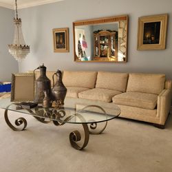 Custom Glass Top Coffee Table with Scrolled Iron Base
