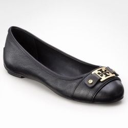 TORY BURCH Black Leather Clines Peep-Toe Ballerina Flats