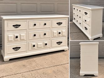 White Wood 9-Drawer Dresser with Black Hardware