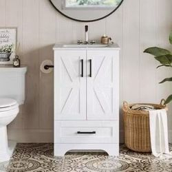 🥨IRONCK 30 inch Bathroom Vanity with Ceramic Basin,Modern Under Sink Cabinet with 2 Soft Closing Doors and 1 Drawer, Free Standing Bathroom Storage 