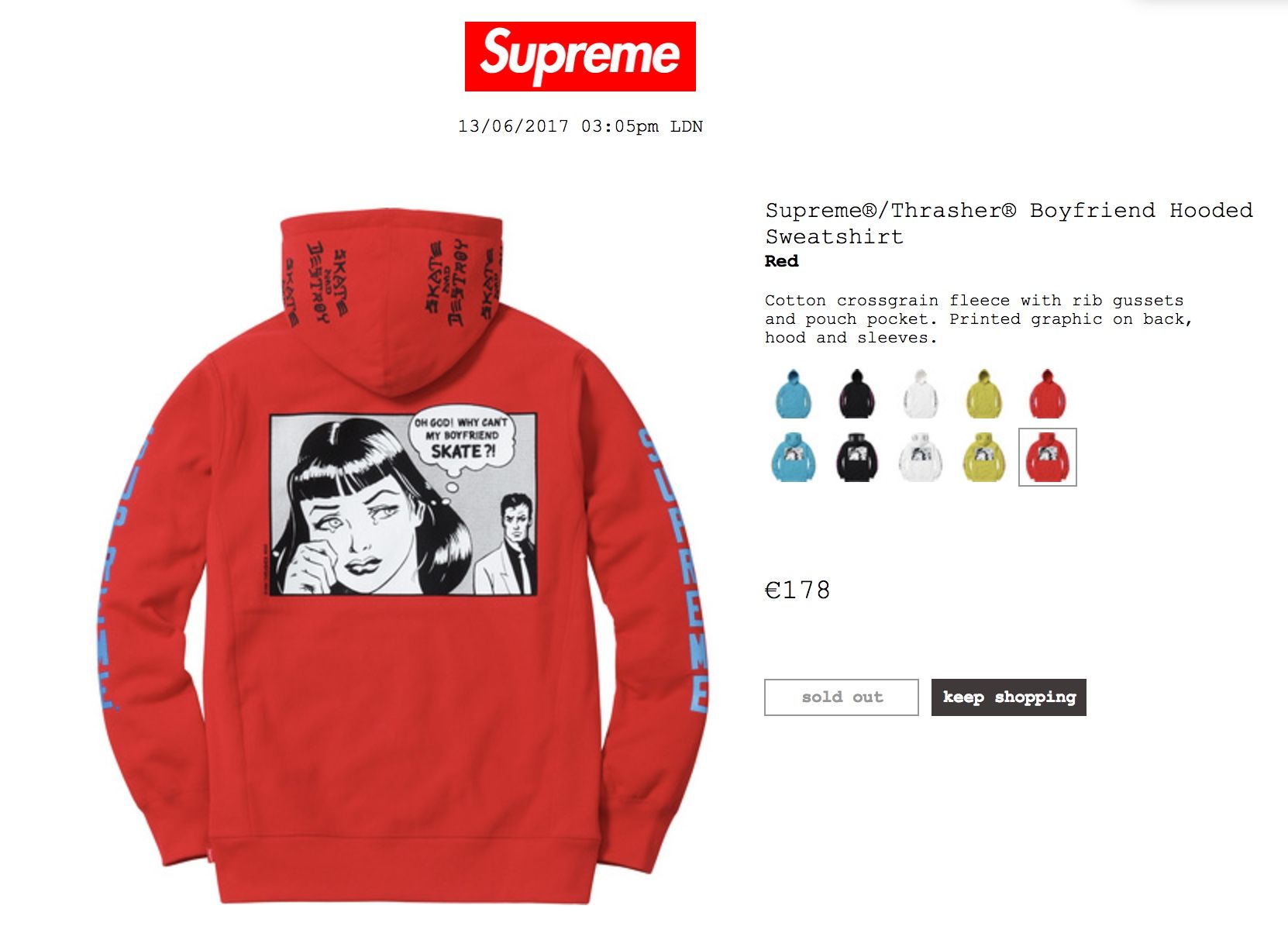 DEADSTOCK Supreme thrasher red boyfriend hoodie 2017 s/s