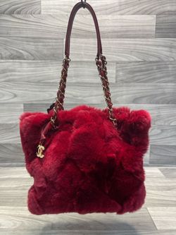 CHANEL Red Rabbit Fur Logo CC Charm & Leather Gold Chain Handle Small Tote (160718-1)