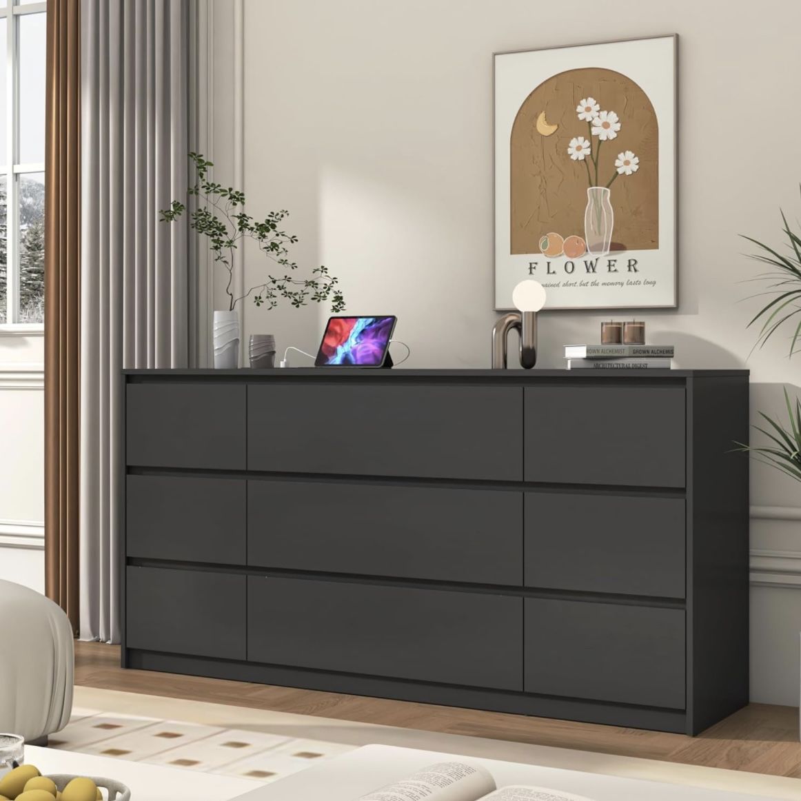 Black Dresser for Bedroom, High glossy 63 Inch Long 9 drawers Dresser Modern Large Wood Chest of Drawers Handle Free, Dresser for Kids Bedr