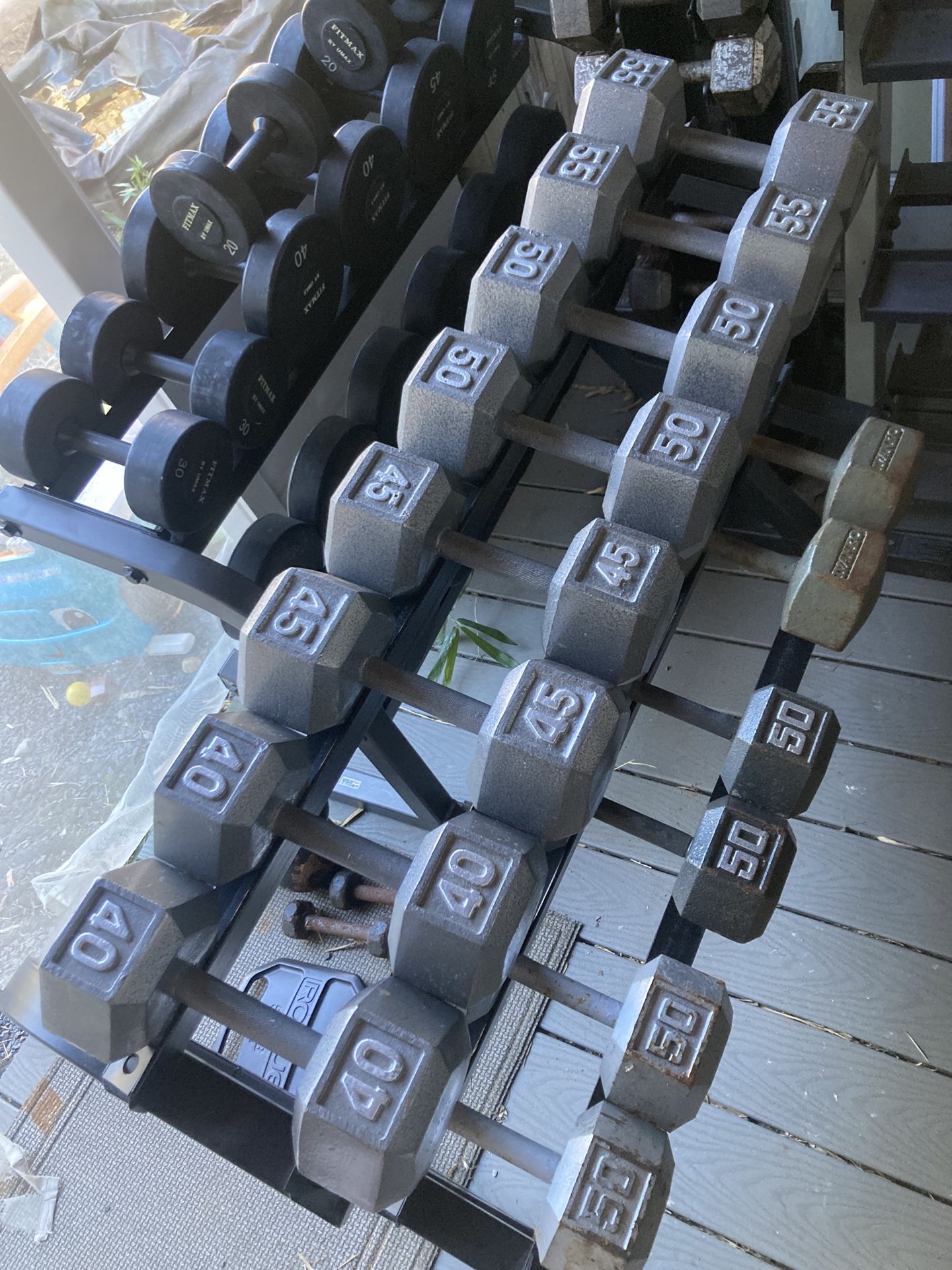 Set Of Steel Hex Dumbbells 40 Lbs To 55 Lbs