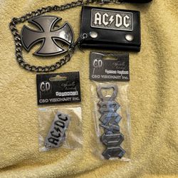 Lot of AC/DC Chain Wallet Keychain,Bottle Opener and Maltese Cross Belt Buckle