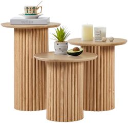 Brand New In The Box- Round Nesting Coffee Table Set of 3,Mid Century Modern Fluted Coffee and End Table Set,Small Circle Wooden Side Table Drink Tabl