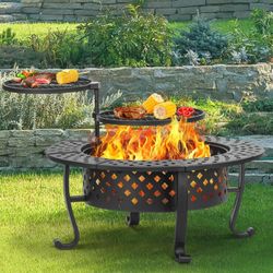 42 Inch Fire Pit with 2 BBQ Grills, Wood Burning Fire Pits for Outside with Lid & Fire Poker, BBQ& Outdoor Firepit & Round Metal Table 3 in 1 for Pati