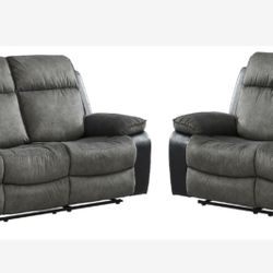 Two tone gray/black microsuede reclining sofa and loveseat