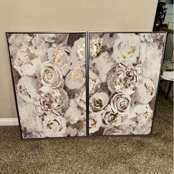 Set of Wall Art with White, Silver & Gold Roses/ Floral Framed (Reg. $120)