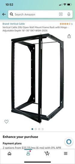Vertical Cable 20U Open Wall Mount Frame Rack with Hinge - Adjustable Depth 18"-30" 047-WSM-2026