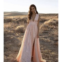 LACE PROM DRESS BLUSH PINK FORMAL GOWN