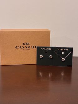 COACH Open Stone Stud Earrings & Open Circle Stone Necklace Set Silver