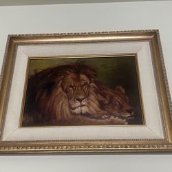 Vintage Lion and Lioness Print/Picture with Frame