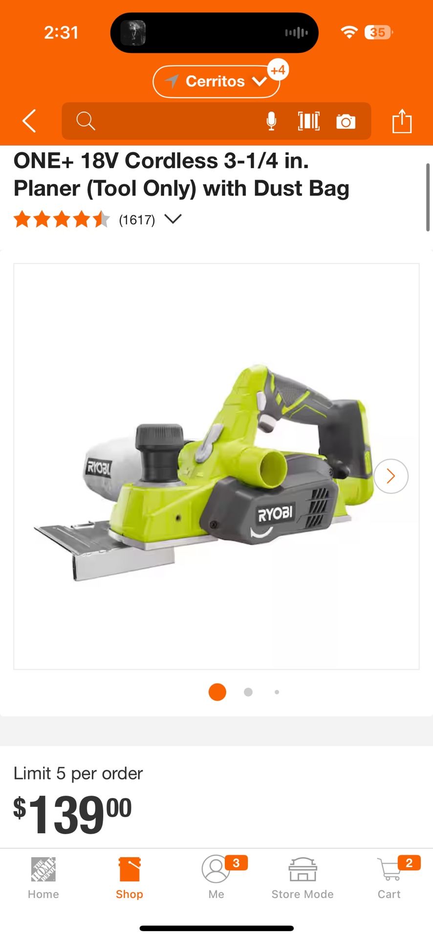 RYOBI ONE+ 18V Cordless 3-1/4 in. Planer (Tool Only) with Dust Bag