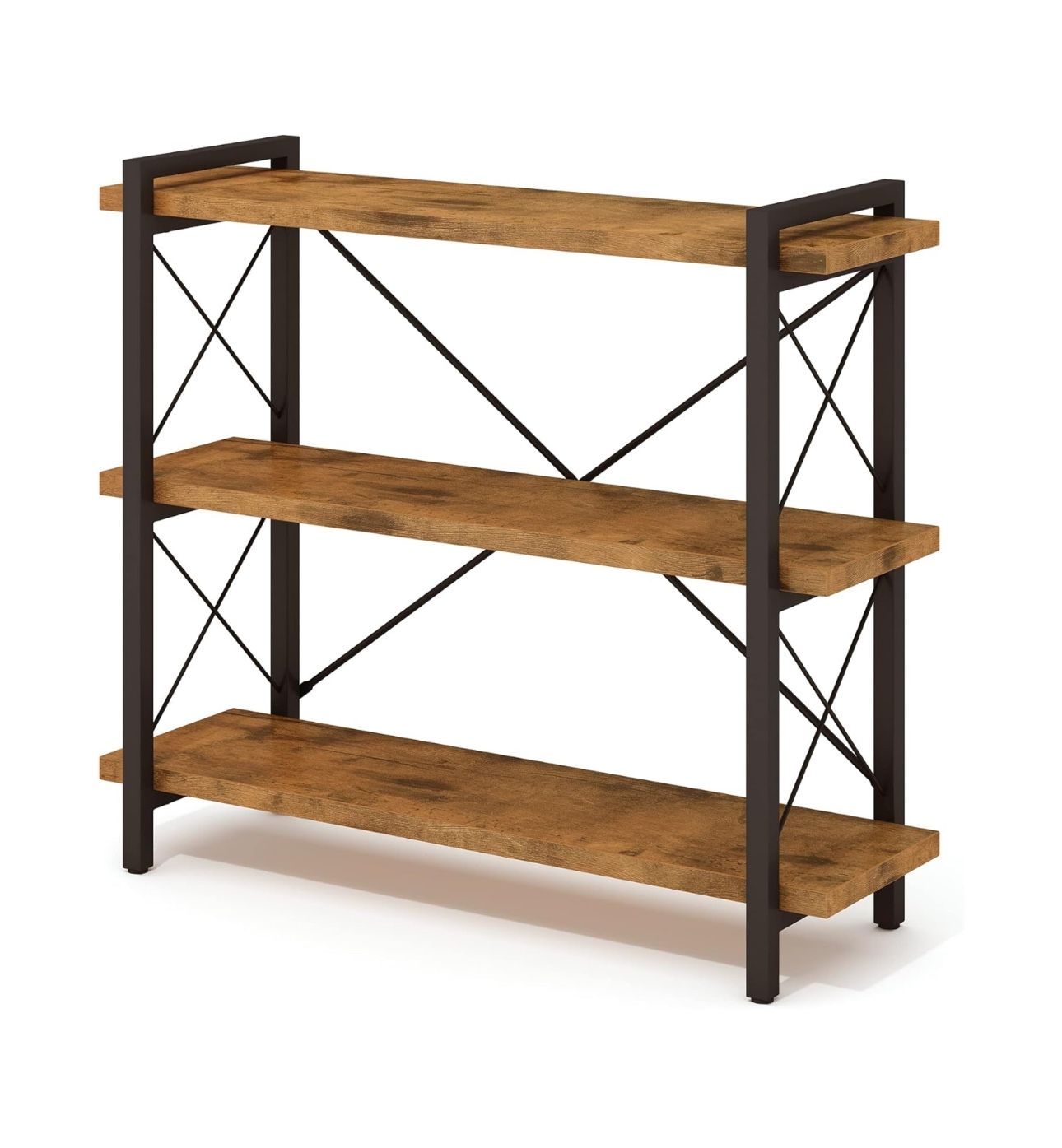 Bookshelf, 3-Tier Industrial Bookcase, Rustic Open Book Shelf, Wood and Metal Horizontal Bookshelves