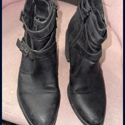 black leather ankle boots with buckle and zipper