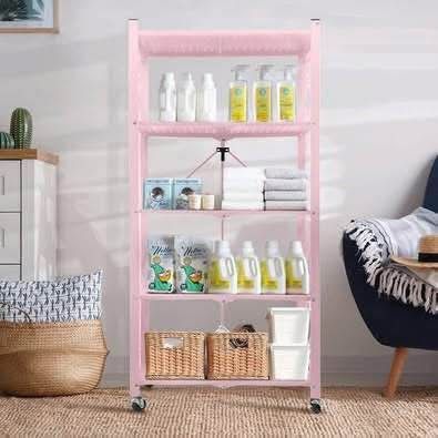 New metal shelving, pink
