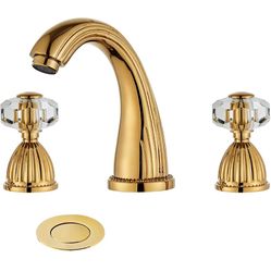 Shiny Polished Gold Widespread Bathroom Sink Faucet,Two Crystal Handle 