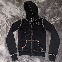 True Religion Size XS Big T Zip Hoodie Black Y2K Full Zip