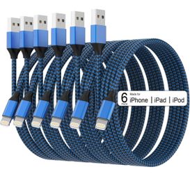 Lightning Cable iPhone 6PACK-3/3/6/6/6/10 FT Apple ,Nylon Braided Cable, Fast Charging, Blue