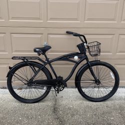 Huffy 26" Inch Beach Cruiser Bicycle Nel Lusso Cruiser Bike, Fits Riders 5'0"+, Matte Black With Basket Rack Phone Cup Holder Outdoor Fitness Exercise
