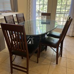 Hand made oak furniture, marble table & 6 chairs, glass tea table