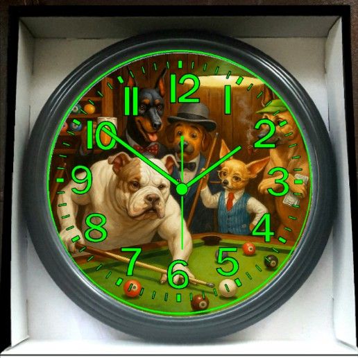 Dogs Playing Pool Billiards Glow In The Dark Wall Clock New!