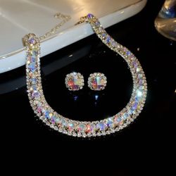 Brand New Glamorous Polychrome Rhinestone Earrings & Necklace Set