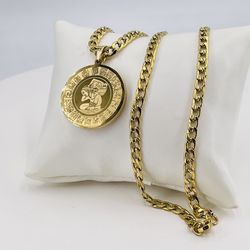 Calendario azteca y cadena chapado en orò 18k/Aztec calendar and 18k gold plated chain