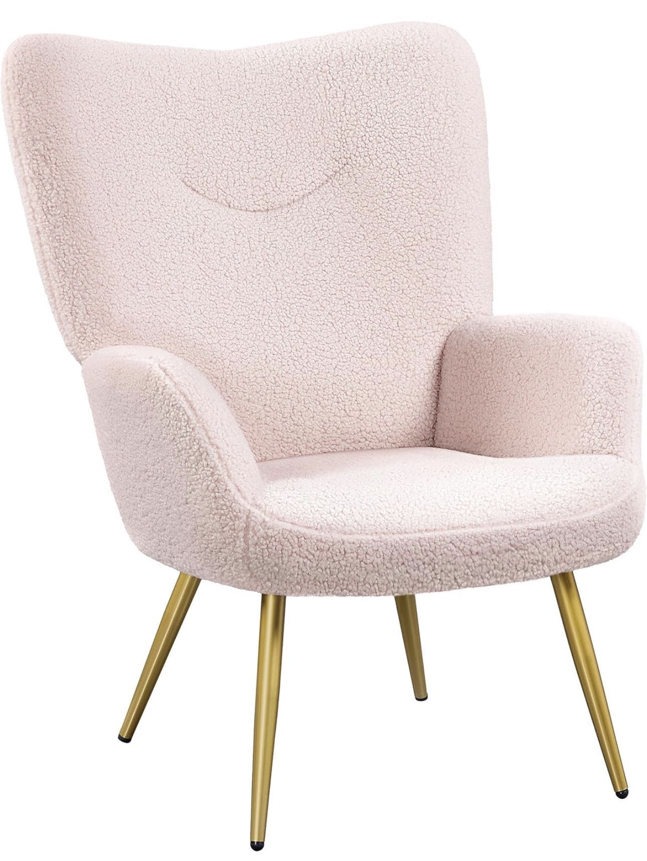 Modern Vanity Chair, Boucle Fabric Accent Chair, Sherpa Furry Armchair with High Back and Soft Padded, Fuzzy Casual Chair for Living Room Bedroom, Pin