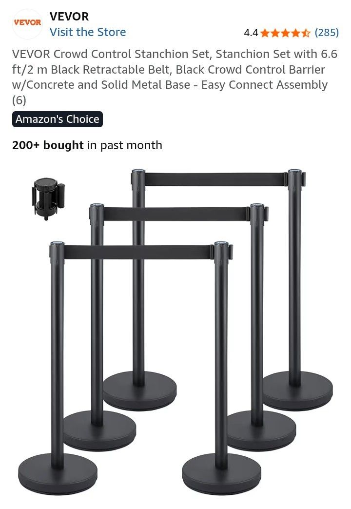 NEW-VEVOR Crowd Control Stanchion Set, Stanchion Set with 6.6 ft/2 m Black Retractable Belt, Black Crowd Control Barrier w/Concrete and Solid Metal Ba